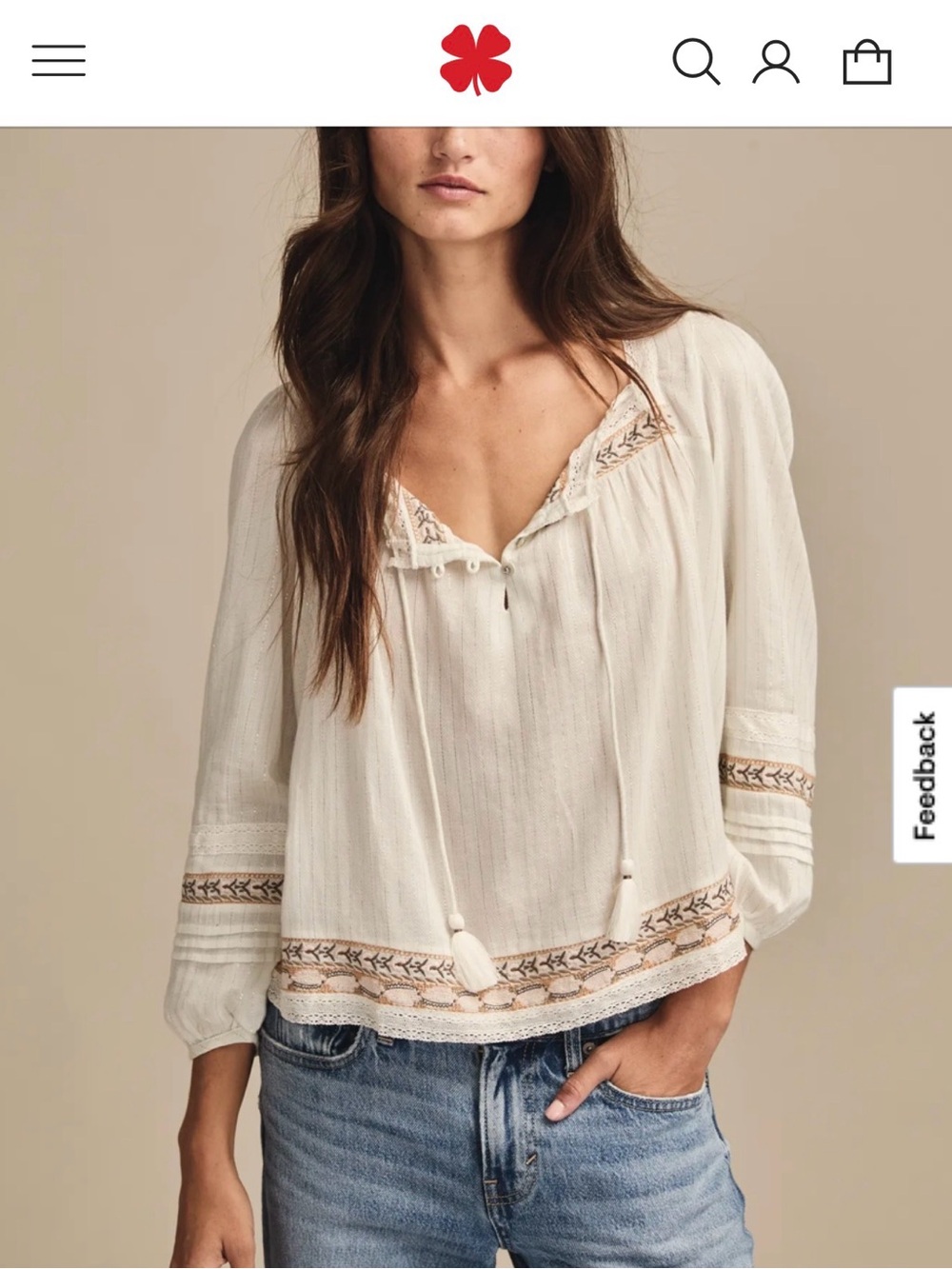 Lucky Brand White Peasant Tunic with Tan & Navy Embroidery